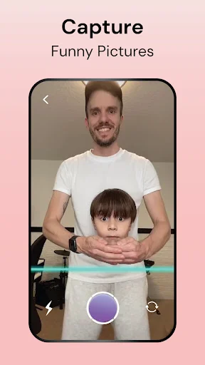 Capture funny pictures filter with time warp effect on group photo, scan line creating distortion, capture controls shown