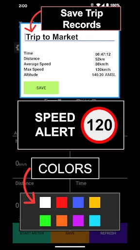 Save trip records: Trip details, speed alert 120 feature, and color options for speed limit notifications