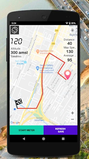 GPS route map: live trip tracking showing 120 KM/H speed, traced orange route, altitude 300m, distance 60km
