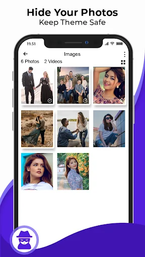 Hide Your Photos interface showing grid of secured personal images in private vault gallery