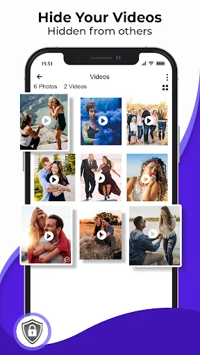 Hide Your Videos interface with video thumbnails protected in secure private vault gallery app