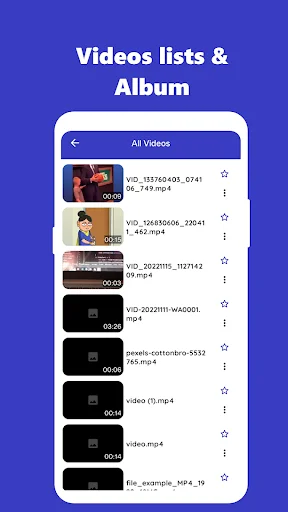 Video player playlist view with thumbnail previews, video file names, playback duration and favorites for each video entry