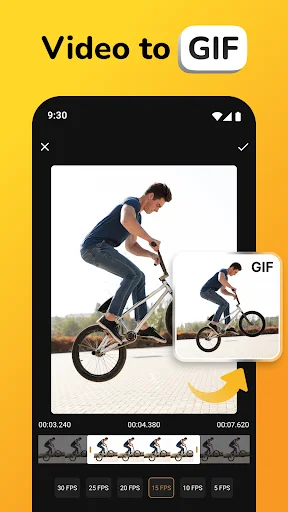 GIF Maker app interface showing video to GIF conversion with preview of a person doing a bike trick and FPS frame rate selection options displayed below the video preview