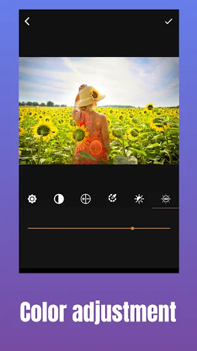 Color adjustment editing screen featuring woman in flower field with tool icons for brightness, contrast, saturation, temperature, and other color correction parameters