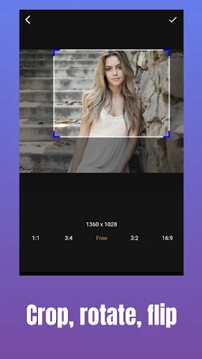 Crop and rotation editor showing woman against brick wall with visible crop handles and aspect ratio options including 1:1, 3:4, Free, 3:2, and 16:9 formats