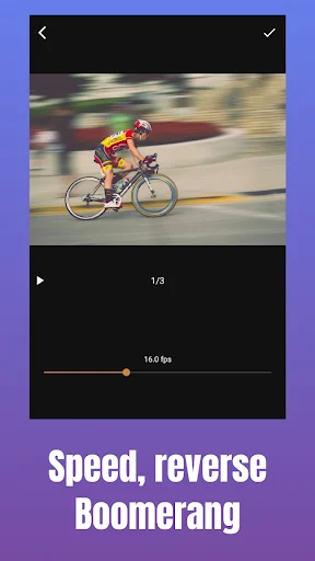Speed and boomerang effect editor displaying cyclist in motion with 16.0 fps speed slider for creating slow-motion or reverse playback animated GIF effects