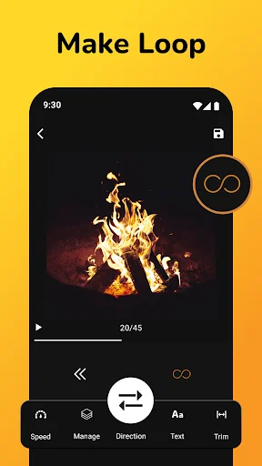 Video editor showing campfire footage with loop animation icon and frame counter at 20/45, demonstrating the direction and looping feature for creating animated GIFs