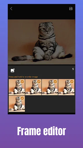 Frame editor interface displaying a tabby cat photo with multiple frame thumbnails below and instructions to reorder frames for customized GIF animation creation