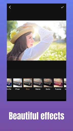 Effects filter selection screen showing woman in sunflower field with filter options including Wallis, Pixar, Retro, Satria, Salno, and Toaster visual effects for GIF enhancement
