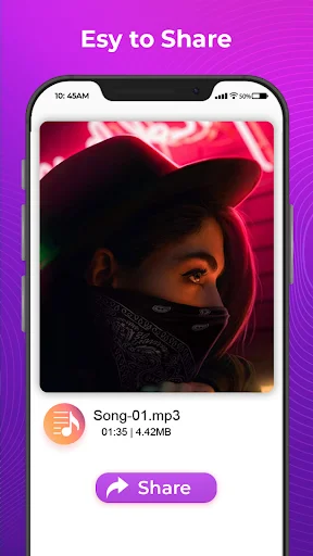 MP3 conversion result screen displaying Song-01.mp3 file with duration and file size information, purple share button