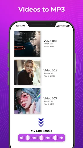 Video to MP3 conversion results showing list of converted videos with thumbnails, duration, file size, and audio waveform