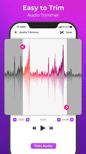 Audio trimmer interface with waveform visualization, timeline controls, playback buttons, and purple trim audio button