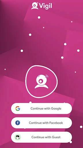 Vigil app login screen with Google, Facebook, and Guest sign-up options on pink gradient background