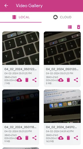 Vigil video gallery with local storage tab displaying recorded videos with timestamps, file sizes, and sharing options