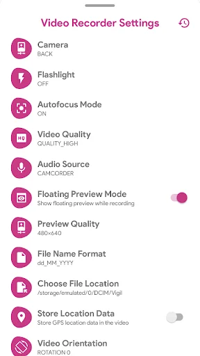 Vigil video recorder settings menu with toggles for camera, flashlight, autofocus, video quality, audio source, and preview options