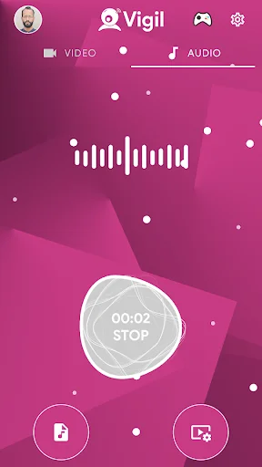 Vigil audio recording interface with active waveform visualization, 00:02 timer, and stop button for voice recording