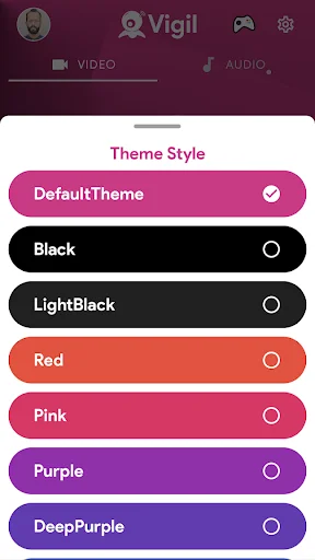 Vigil theme style selector showing multiple color options including DefaultTheme, Black, Pink, Purple, and DeepPurple themes