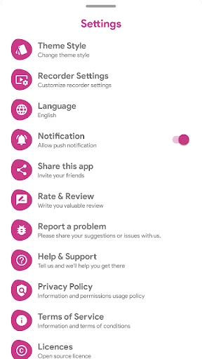 Vigil settings menu with options for theme style, recorder settings, language, notifications, sharing, privacy policy, and support