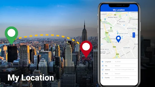 My Location: City skyline map interface with green and red location pins showing current GPS position on live earth map