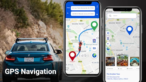 GPS Navigation: Phone displaying turn-by-turn navigation route with destination pin and current location on live map display