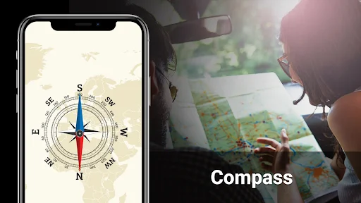 Compass: GPS compass app with cardinal directions (N, S, E, W) and magnetic needle indicator overlaid on live navigation map