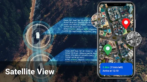 Satellite View: Aerial satellite map view with location pins, compass indicator, and navigation arrival time estimate displayed