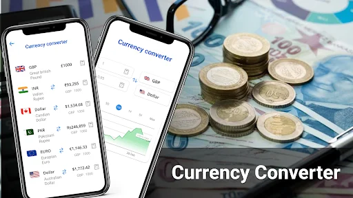 Currency Converter: Travel currency converter tool showing real-time exchange rates for multiple international currencies and conversions