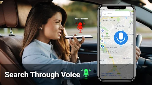 Search Through Voice: Voice-controlled GPS search feature with microphone icon enabling hands-free navigation commands while driving