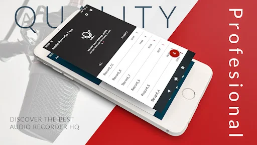 Voice Memo app main interface displaying professional audio recorder quality with recording list and navigation menu on smartphone