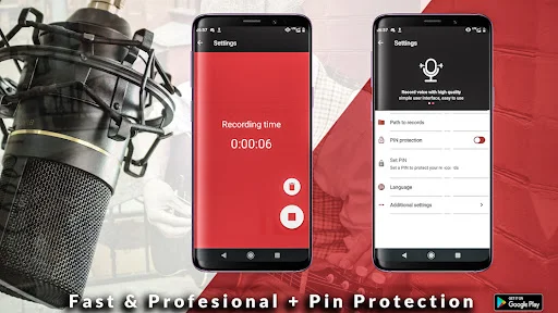 Voice Memo app showing 6-second recording timer with playback controls and settings menu for professional audio recording features
