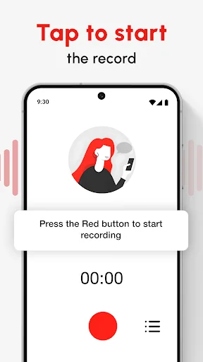 Voice memo app recording startup screen with instructional text 'Press the Red button to start recording,' red record button, and 00:00 timer display