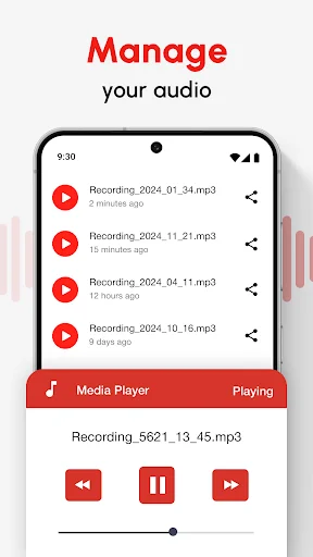 Voice memo audio management interface showing recordings list with active media player controls including rewind, pause, forward buttons and progress slider