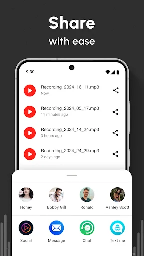 Voice memo sharing interface displaying recordings list with contact avatars and sharing method options including message, chat, and social media icons
