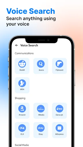 Voice-activated search with quick access to Communications, Shopping, and Social Media platform shortcuts