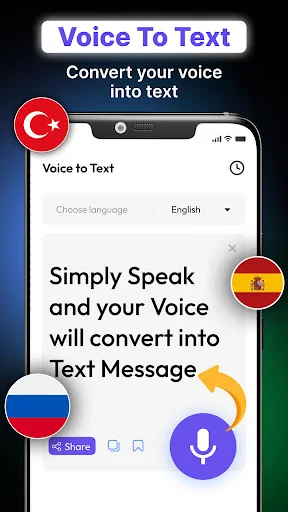 Voice to text SMS interface with microphone button, English language selection, and multi-language support