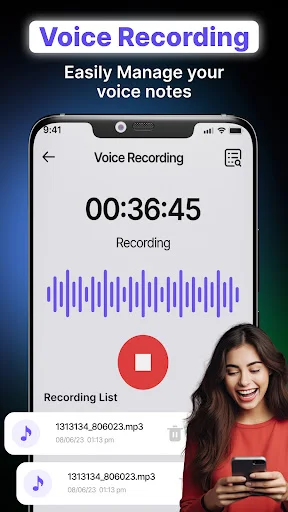 Voice recording app showing real-time timer, audio waveform, stop button, and recorded voice notes list