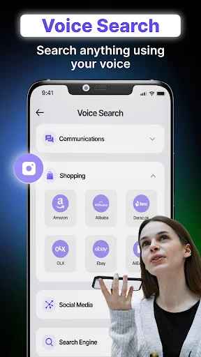 Voice search functionality with category options for Communications, Shopping, Social Media, and Search