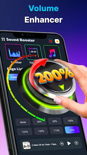 Volume Booster app interface showing 200% volume enhancement dial with sound booster presets and volume level buttons