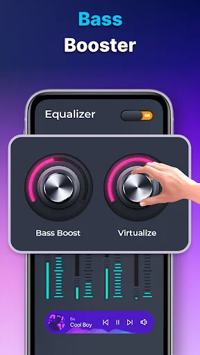 Bass Booster interface with dual circular controls for bass boost and virtualize effects with equalizer visualization