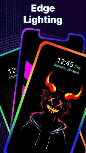 Edge Lighting feature showing neon-bordered smartphone displays with colorful customizable edge effects and glow