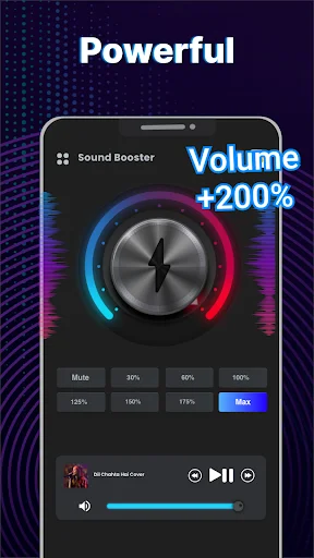 Sound Booster interface featuring circular volume dial, preset level buttons, 200% volume boost, and slider control