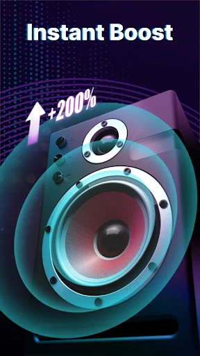 Instant Boost speaker visualization with 200% volume enhancement and cyan-pink neon glowing audio effects