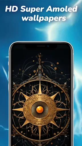 Ornate golden mandala sun design wallpaper on phone screen, highlighting HD Super AMOLED wallpaper quality for vibrant display personalization
