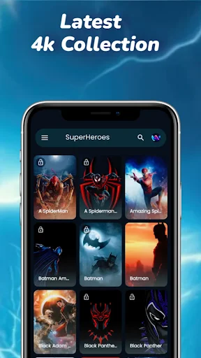 Latest 4K wallpaper collection gallery showing superhero, Batman, Spider-Man, Black Panther, and Black Panther themed 4K wallpaper thumbnails organized by category