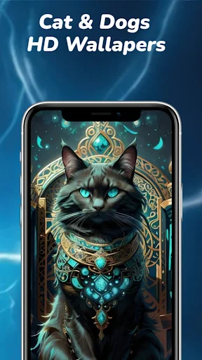 Mystical black cat with ornate gold jewelry and turquoise jewels HD wallpaper design on phone, featuring cat and dogs pet wallpaper collection