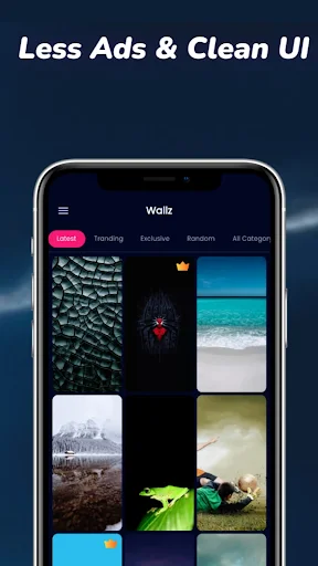 Wallz app main interface showing clean UI with Trending, Exclusive, Random, and Categories tabs, displaying diverse 4K and HD wallpaper grid collection