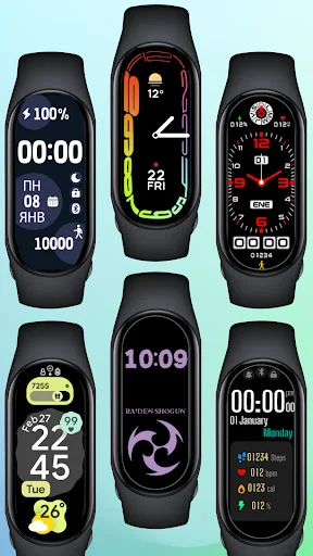Six Mi Band 8 smartwatch faces with digital, analog, and minimal design styles displayed on actual smartwatch devices