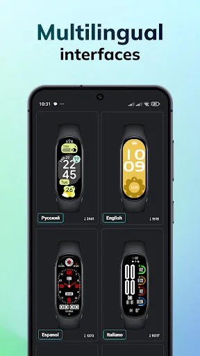 Mi Band 8 watch faces app showing multilingual watch face options with English, Русский, 日本語, and Italiano labels