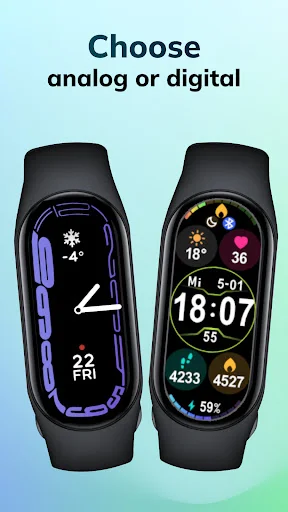 Two Mi Band 8 smartwatches comparing analog minimalist purple design versus digital colorful watch face styles