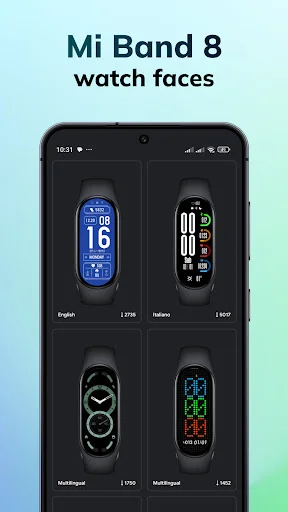 Mi Band 8 watch faces gallery showing four customizable watch face designs in different styles displayed on smartphone